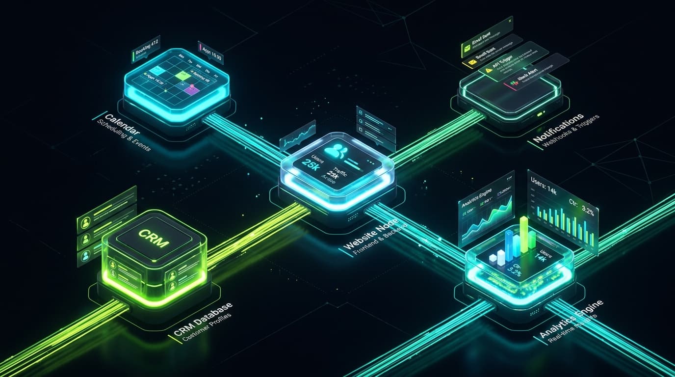 Infrastruttura di un sito operativo: nodo centrale connesso a CRM, Calendario, Notifiche e Analytics