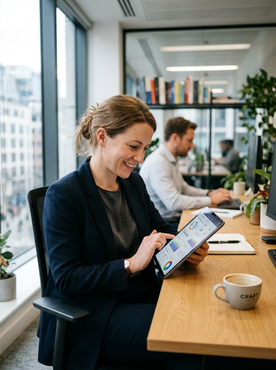 Manager al lavoro con tablet su dashboard e cruscotti decisionali